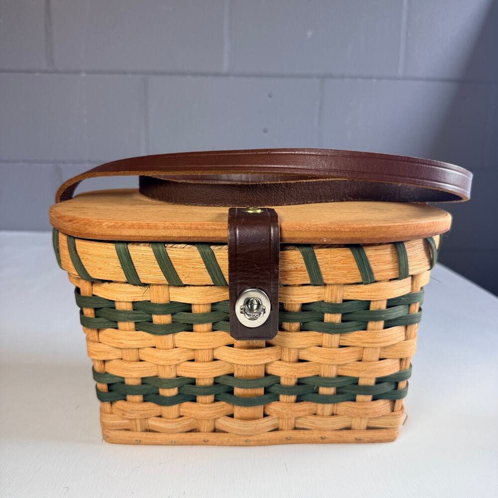 Vintage Woven Maple Wood Basket Purse with Leather Strap and Hardwood Lid